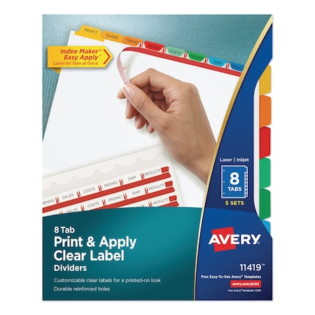 Avery Dennison Printable Index Dividers, 8 Tabs, Clear with Color, PK5 11419